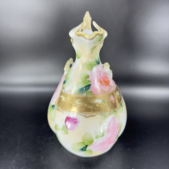 Antique Nippon Hand Painted Green Vase Pitcher Ewer Floral Gold Trim Porcelain - Picture 9 of 16
